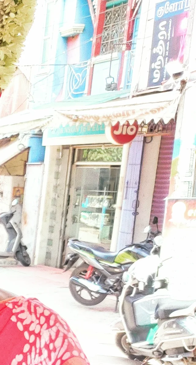 Bazaar Street seen through the shop doorway: a parked motorbike, Tamil shop signage and blue buildings